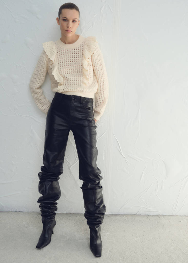 Openwork knitted sweater with ruffles — Ecru