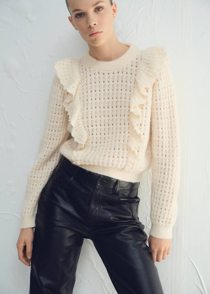 Openwork knitted sweater with ruffles — Ecru