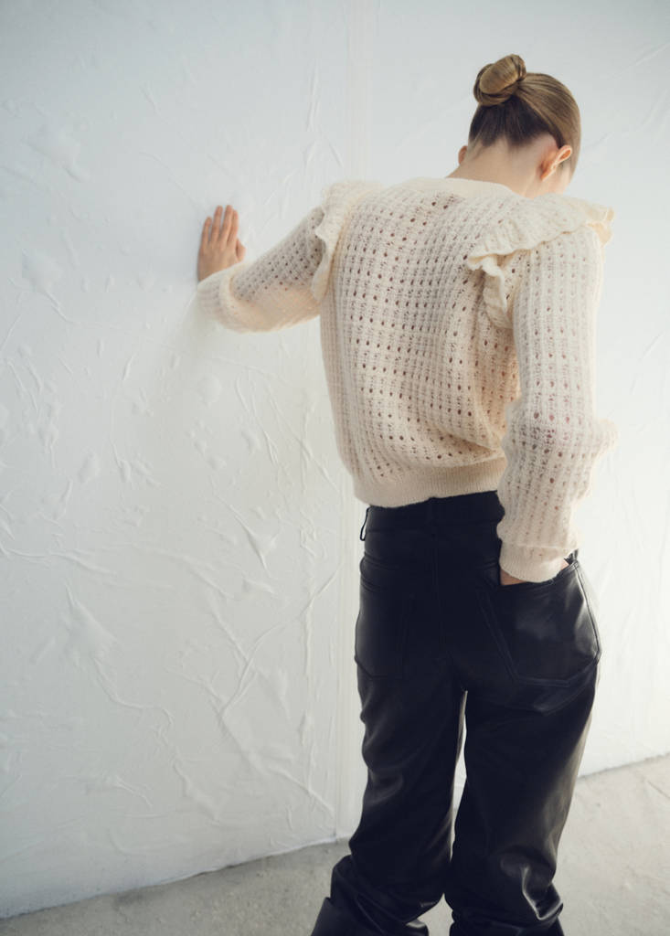 Openwork knitted sweater with ruffles — Ecru