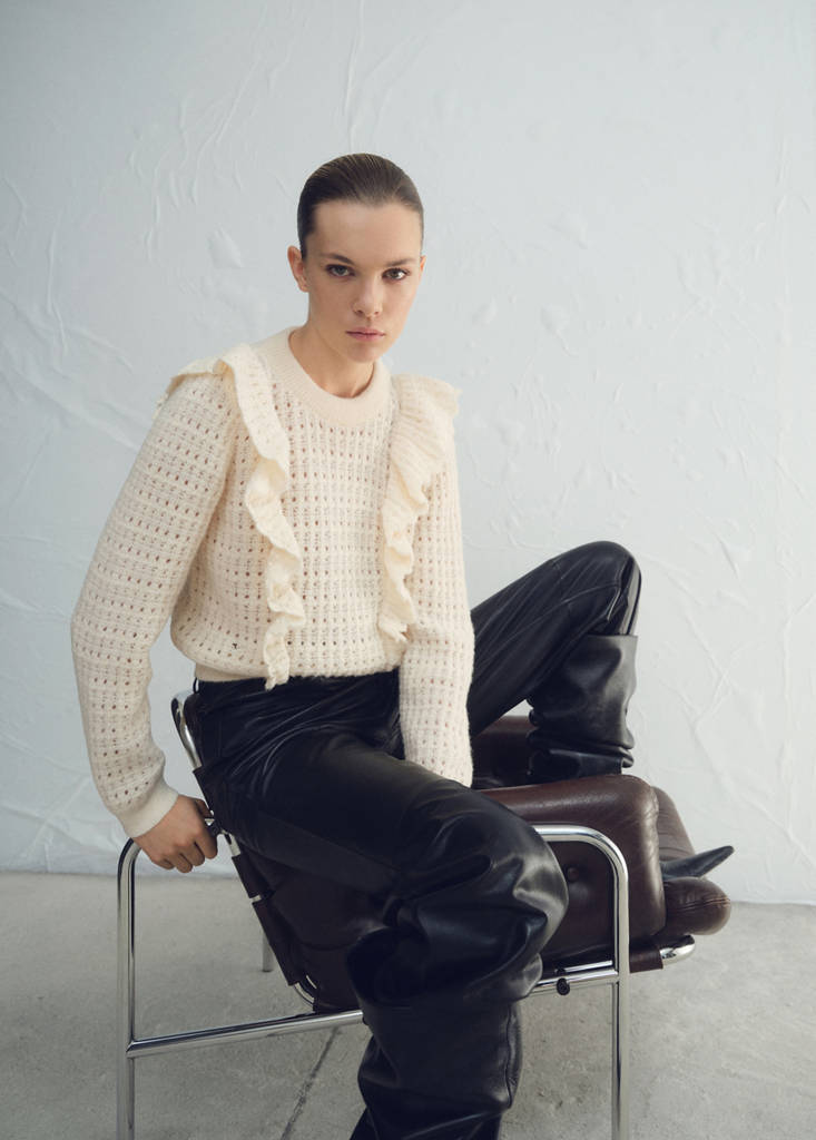 Openwork knitted sweater with ruffles — Ecru