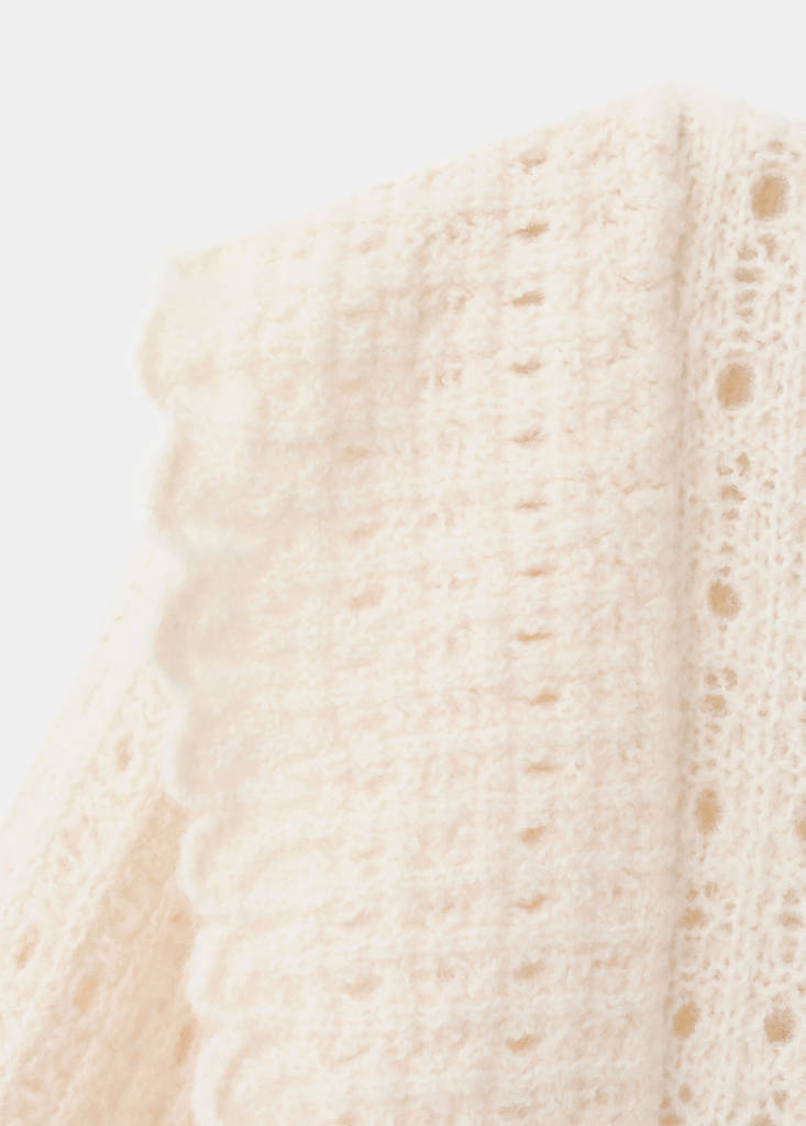 Openwork knitted sweater with ruffles — Ecru