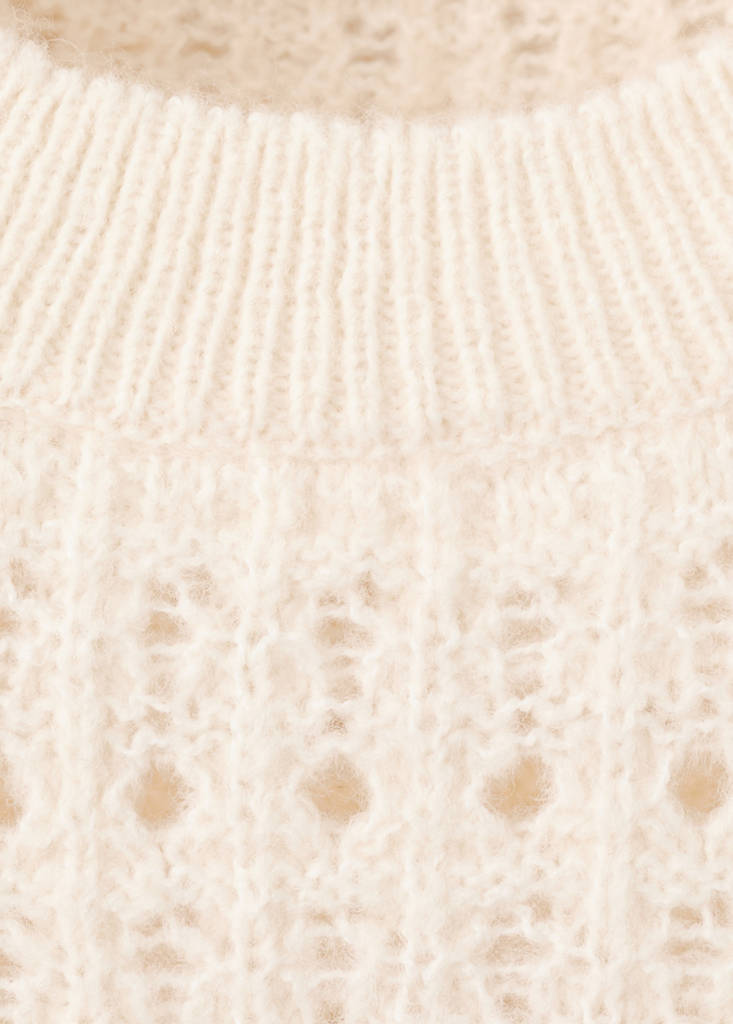 Openwork knitted sweater with ruffles — Ecru