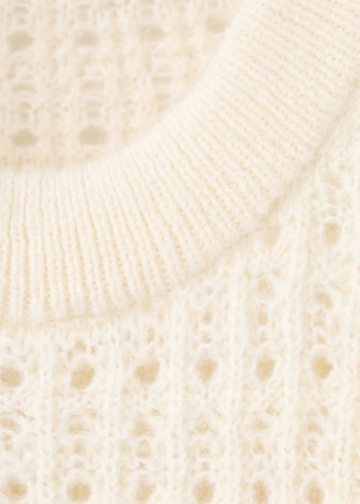 Openwork knitted sweater with ruffles — Ecru