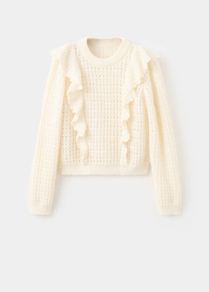 Openwork knitted sweater with ruffles — Ecru