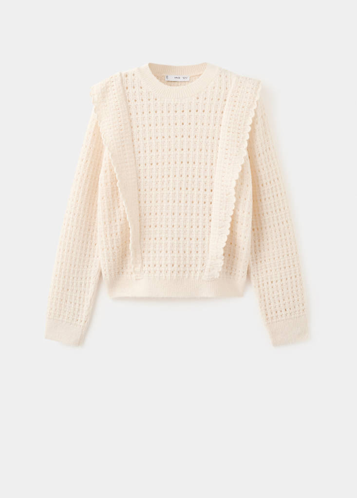 Openwork knitted sweater with ruffles — Ecru