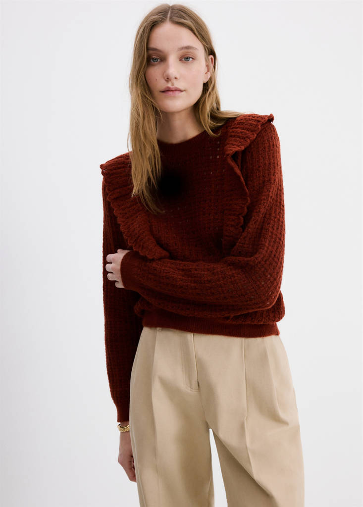 Openwork knitted sweater with ruffles — Burnt Orange