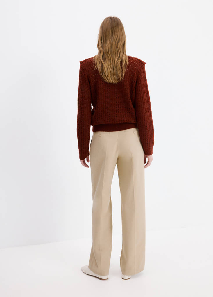 Openwork knitted sweater with ruffles — Burnt Orange