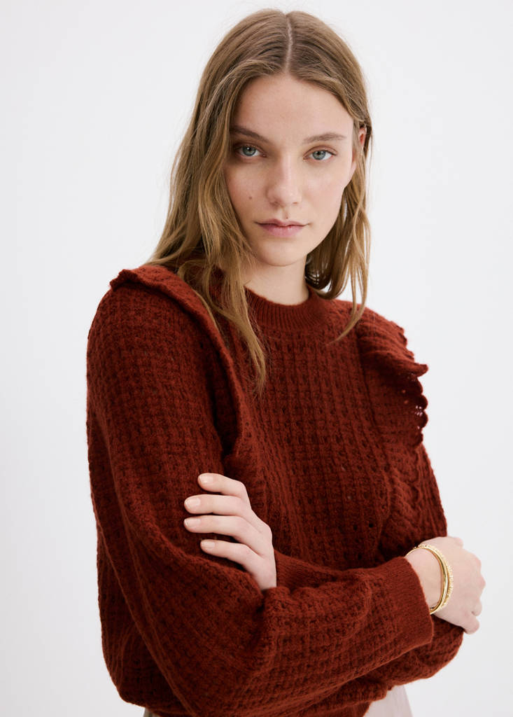 Openwork knitted sweater with ruffles — Burnt Orange