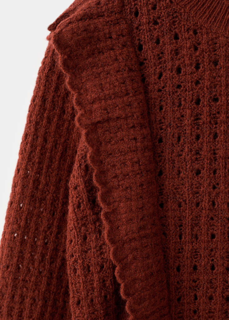 Openwork knitted sweater with ruffles — Burnt Orange