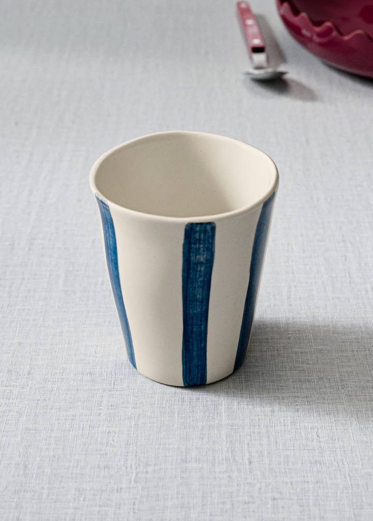 Striped stoneware coffee cup — Ink Blue