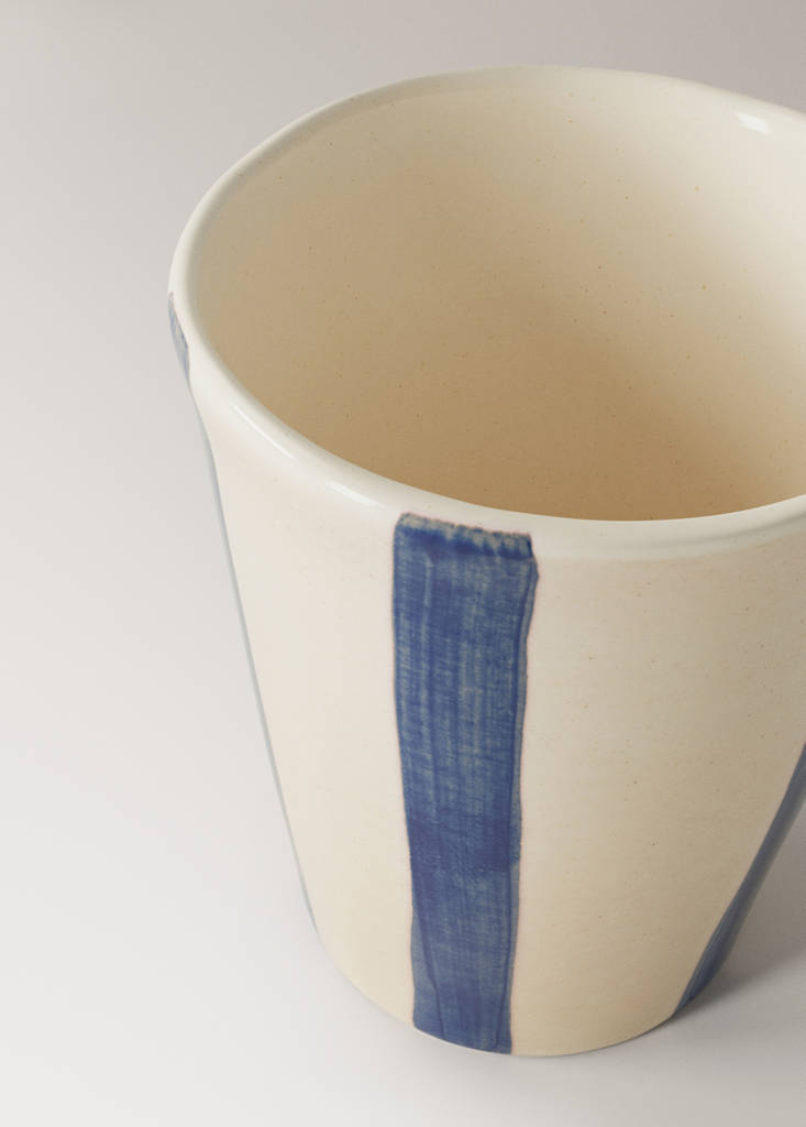 Striped stoneware coffee cup — Ink Blue