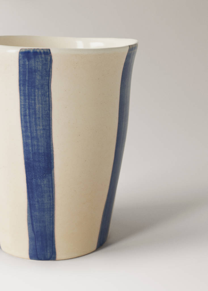 Striped stoneware coffee cup — Ink Blue