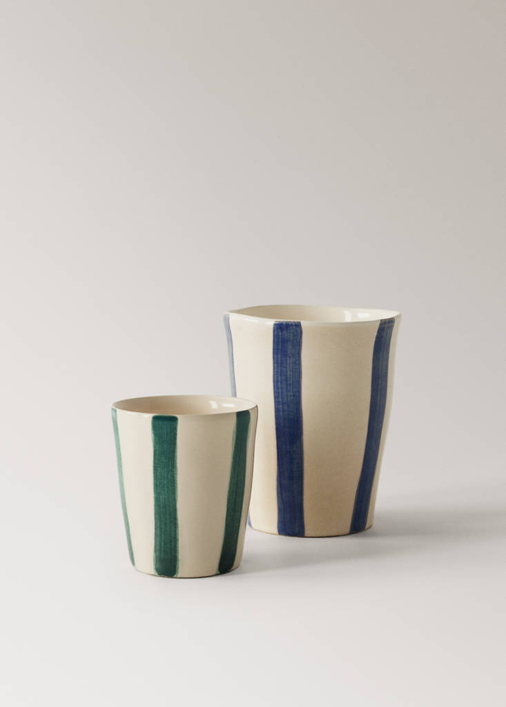 Striped stoneware coffee cup — Ink Blue