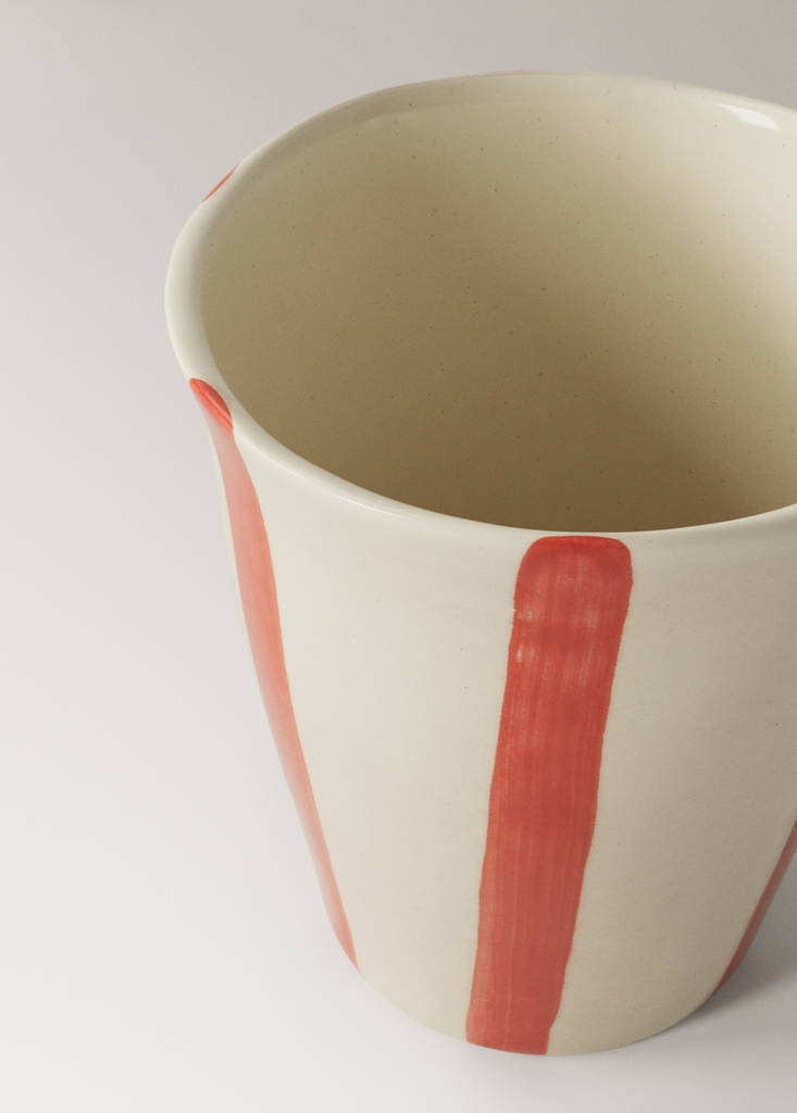 Striped stoneware coffee cup — Red