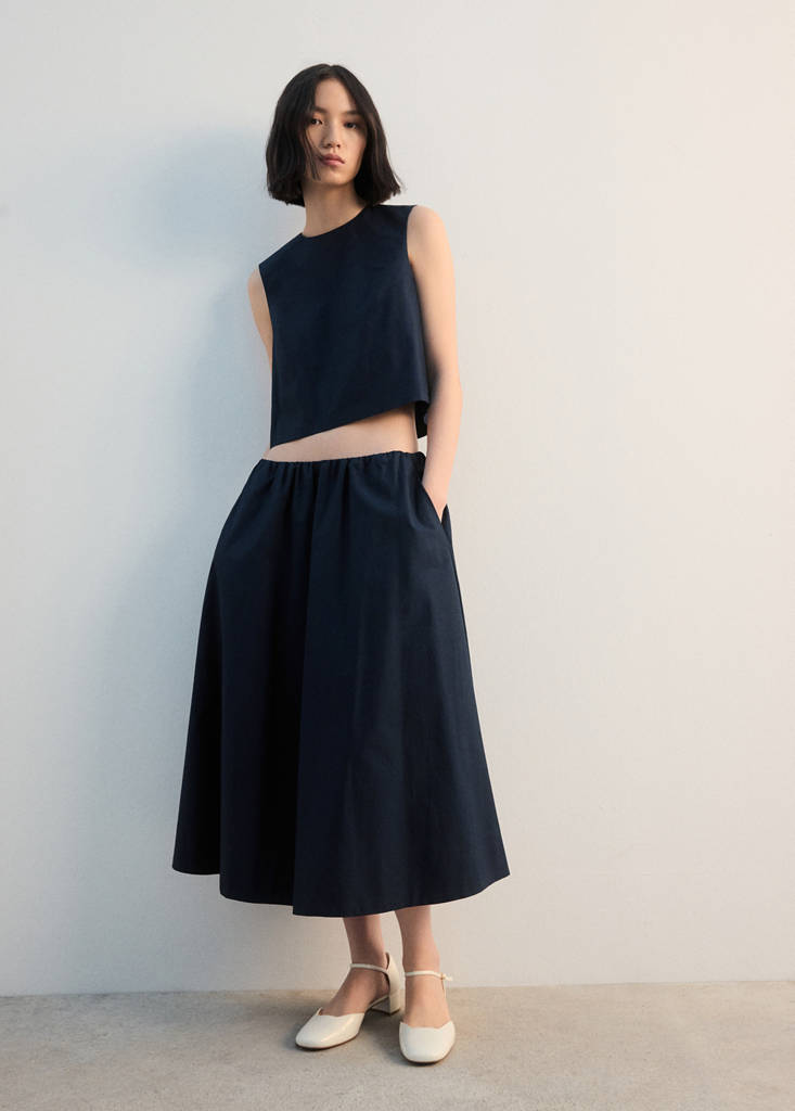 Midi cotton skirt with pleats — Navy