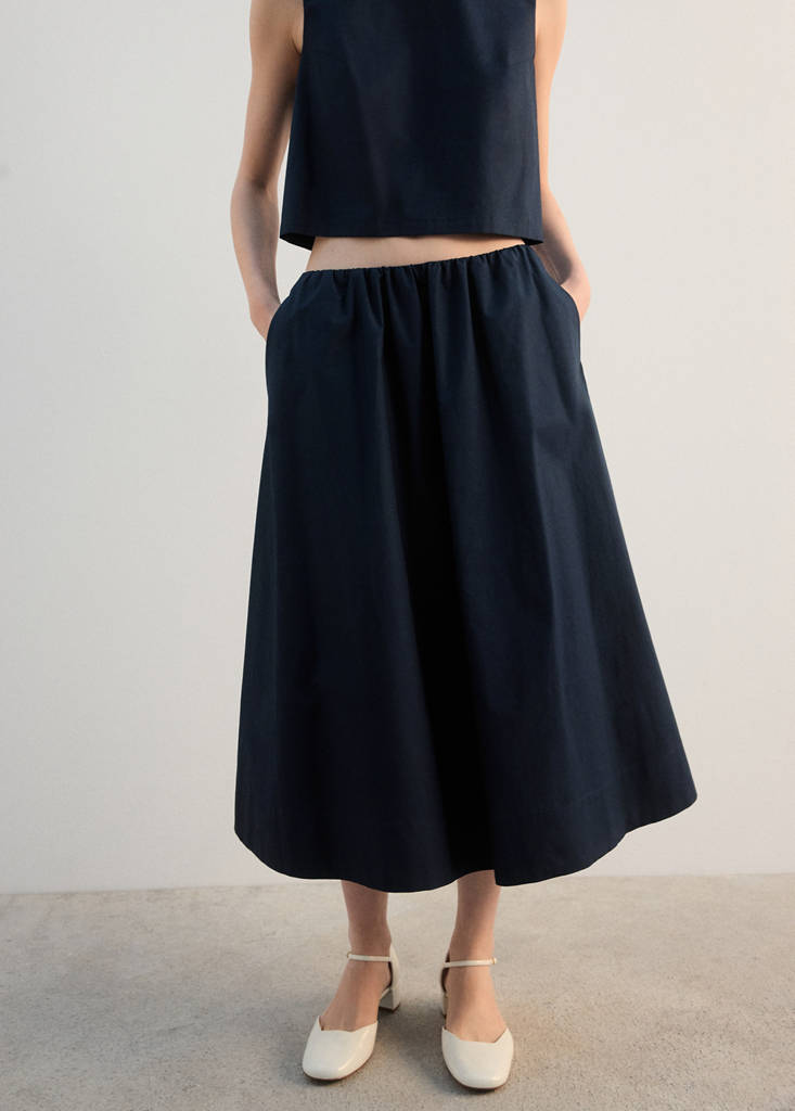 Midi cotton skirt with pleats — Navy