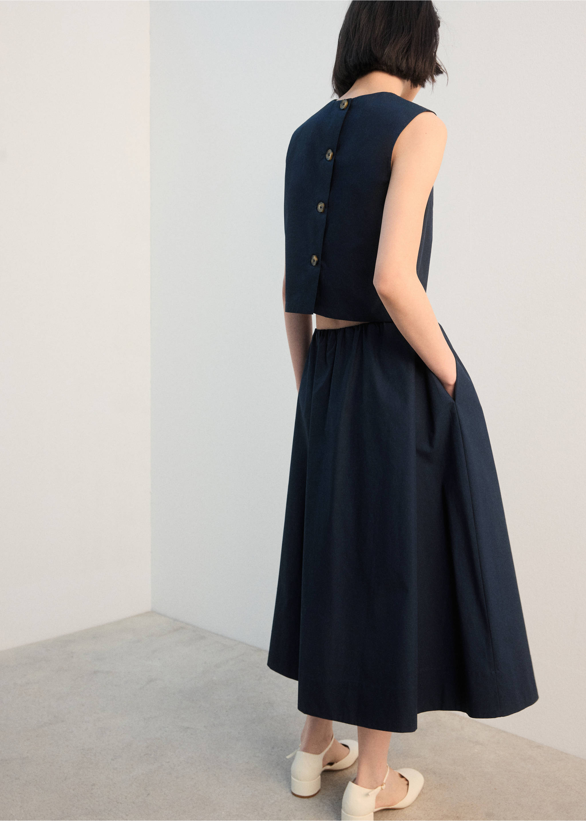 주름 장식 미디 코튼 스커트 - 상품 반전:, 네이비. Ref: 27062538-00.