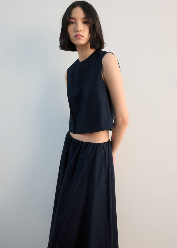 Midi cotton skirt with pleats — Navy