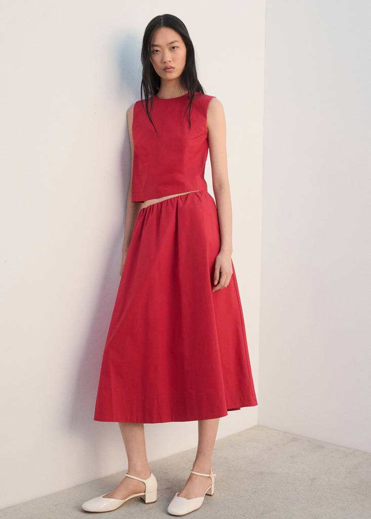 Midi cotton skirt with pleats — Red