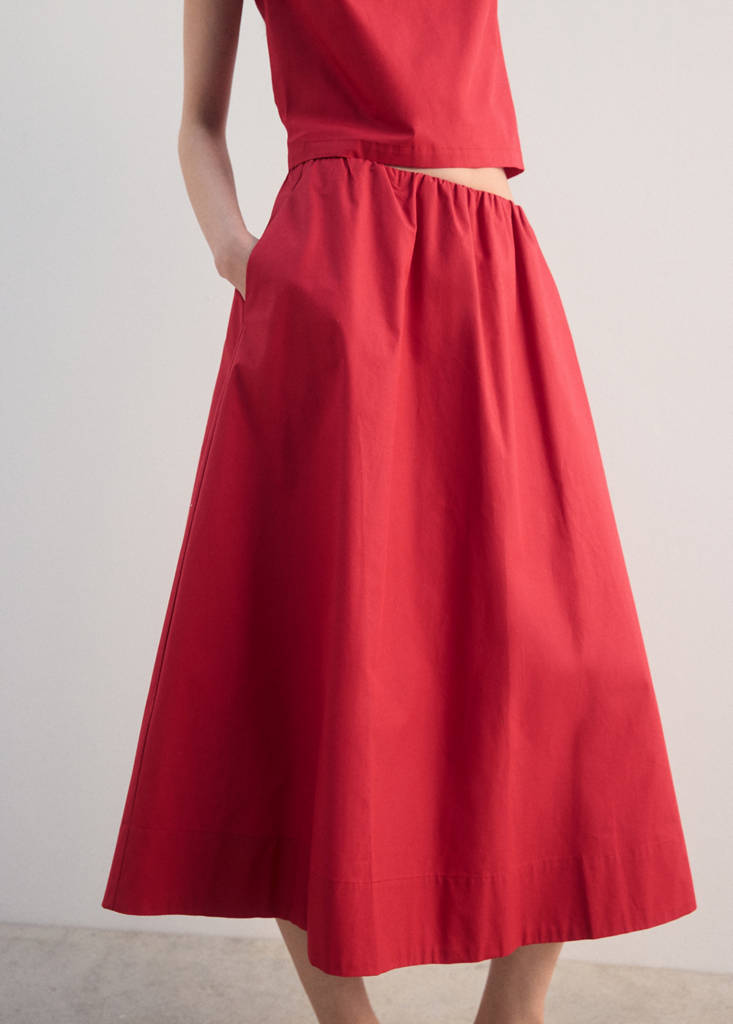 Midi cotton skirt with pleats — Red