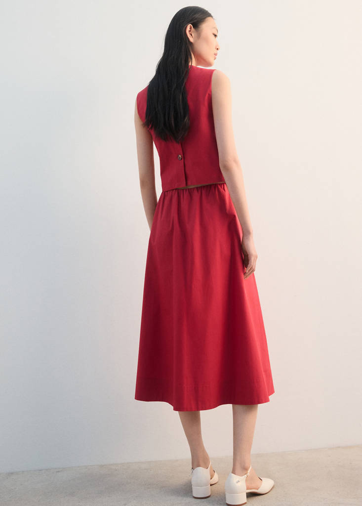 Midi cotton skirt with pleats — Red