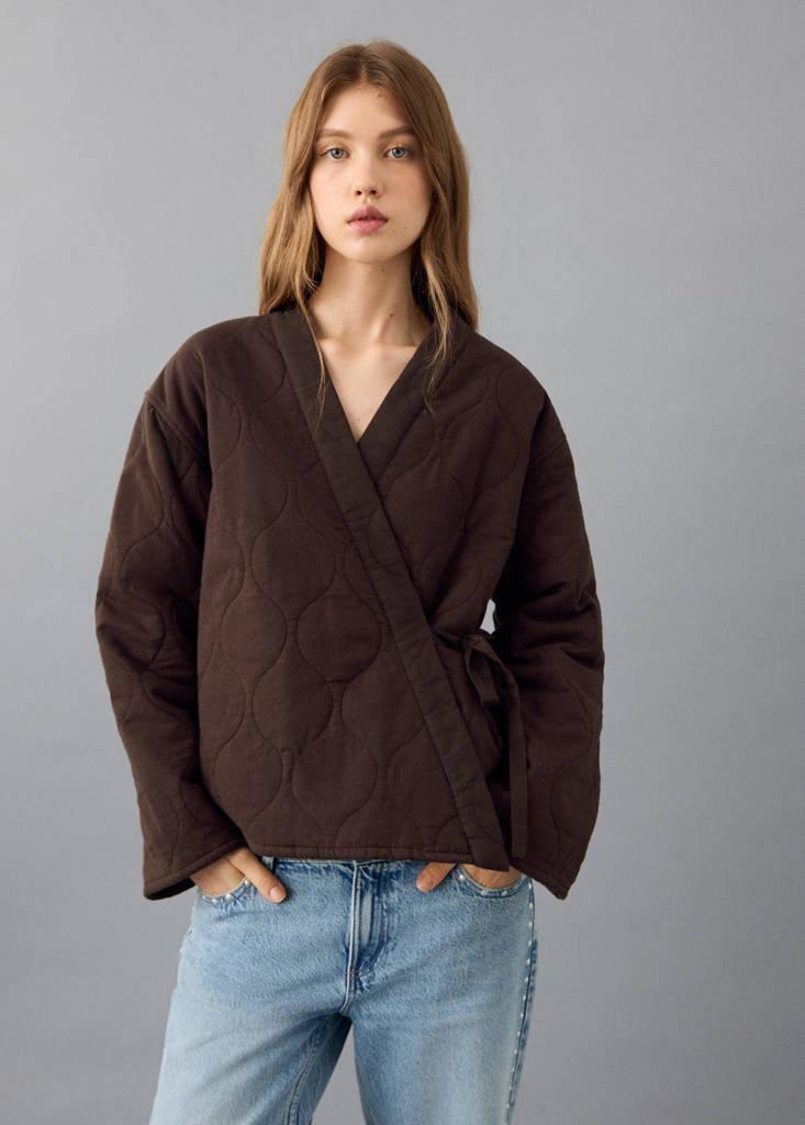 Quilted kimono with tie — Brown