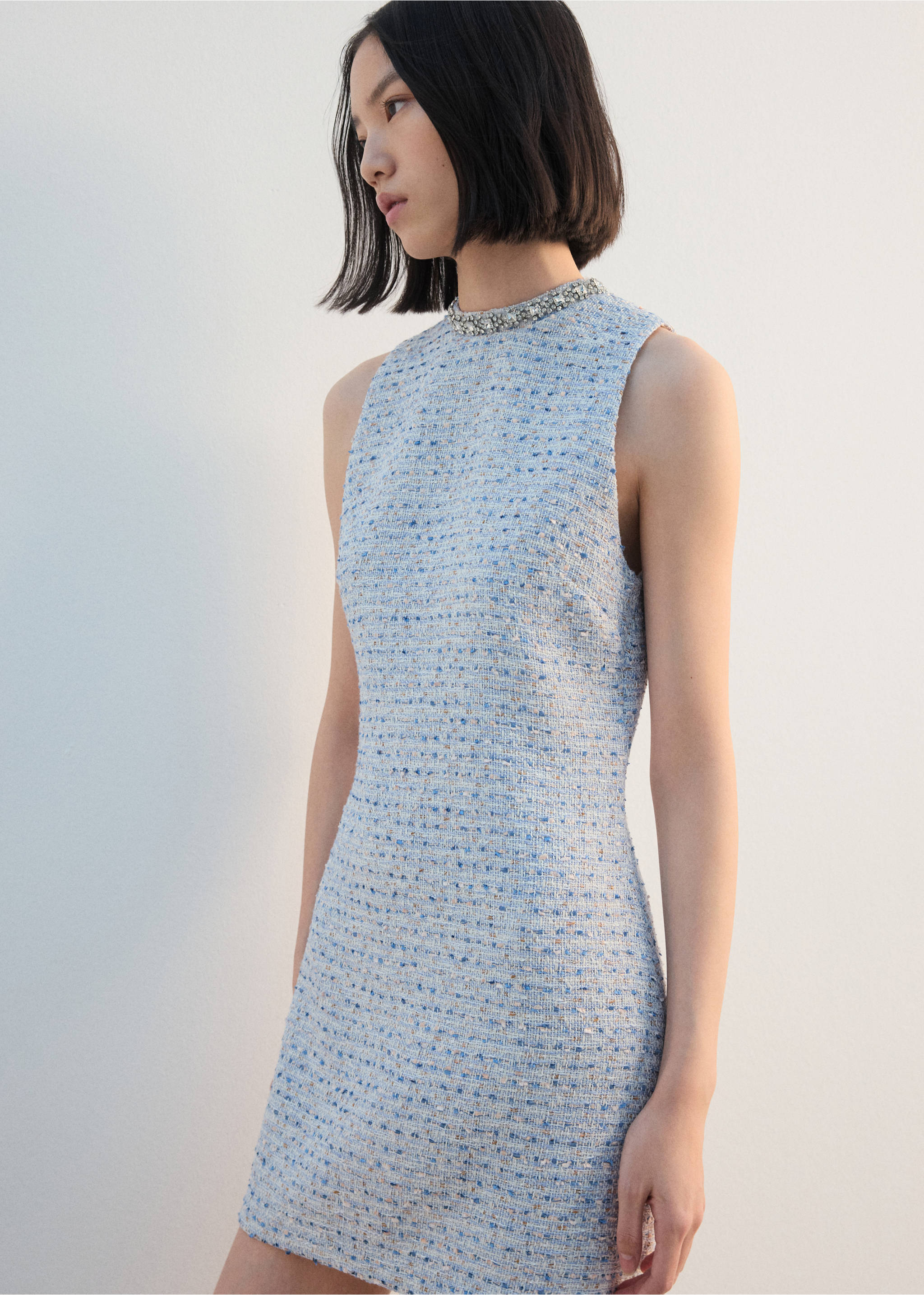 Tweed dress with bejewelled collar - Medium plane, Sky Blue. Ref: 27062546-00.