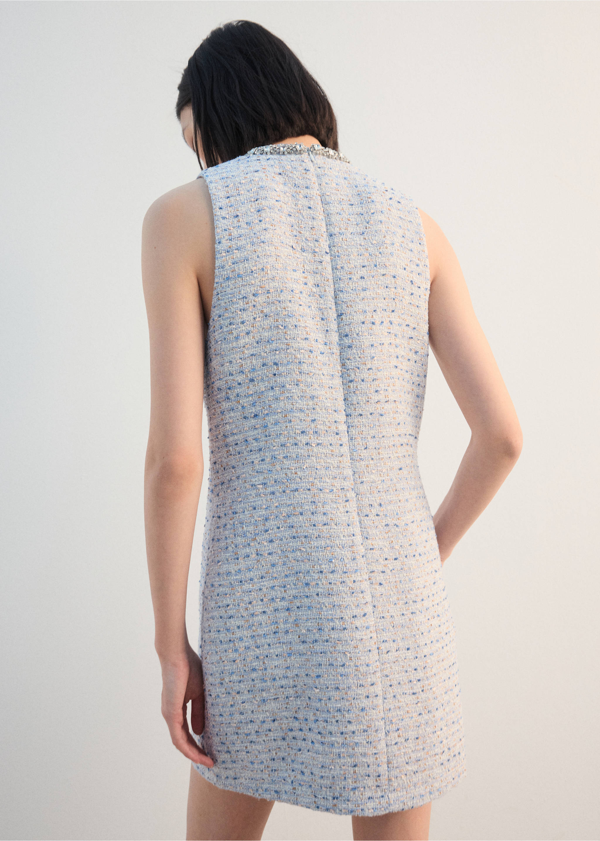 Tweed dress with bejewelled collar - Reverse of the article, Sky Blue. Ref: 27062546-00.