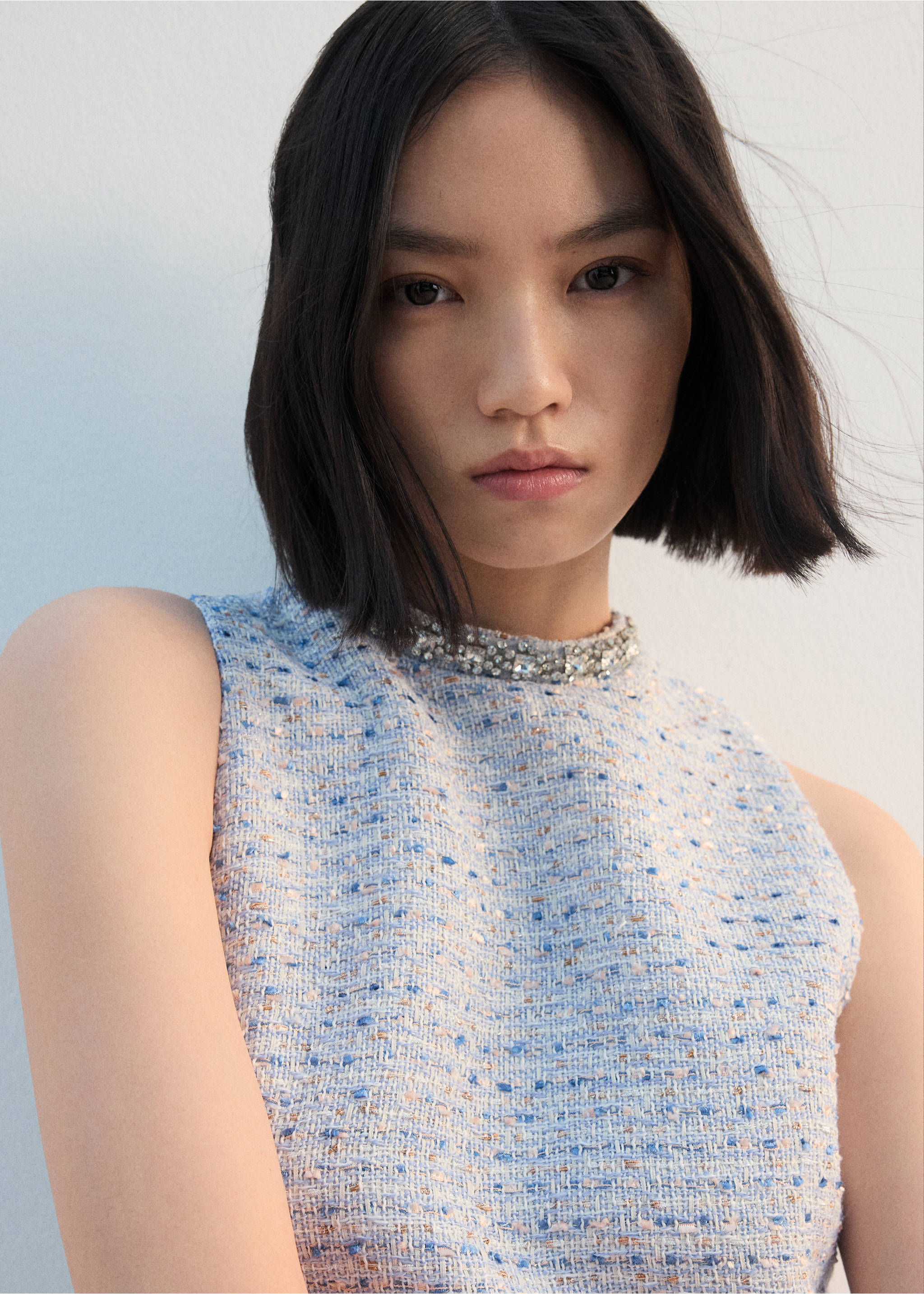 Tweed dress with bejewelled collar - Details of the article 1, Sky Blue. Ref: 27062546-00.