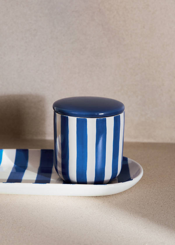 Ceramic bathroom jar with hand-painted stripes — Blue