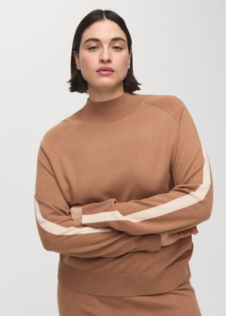 Sweater with contrasting stripes and perkins collar — Medium Brown