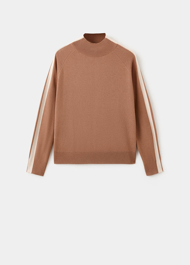 Sweater with contrasting stripes and perkins collar — Medium Brown