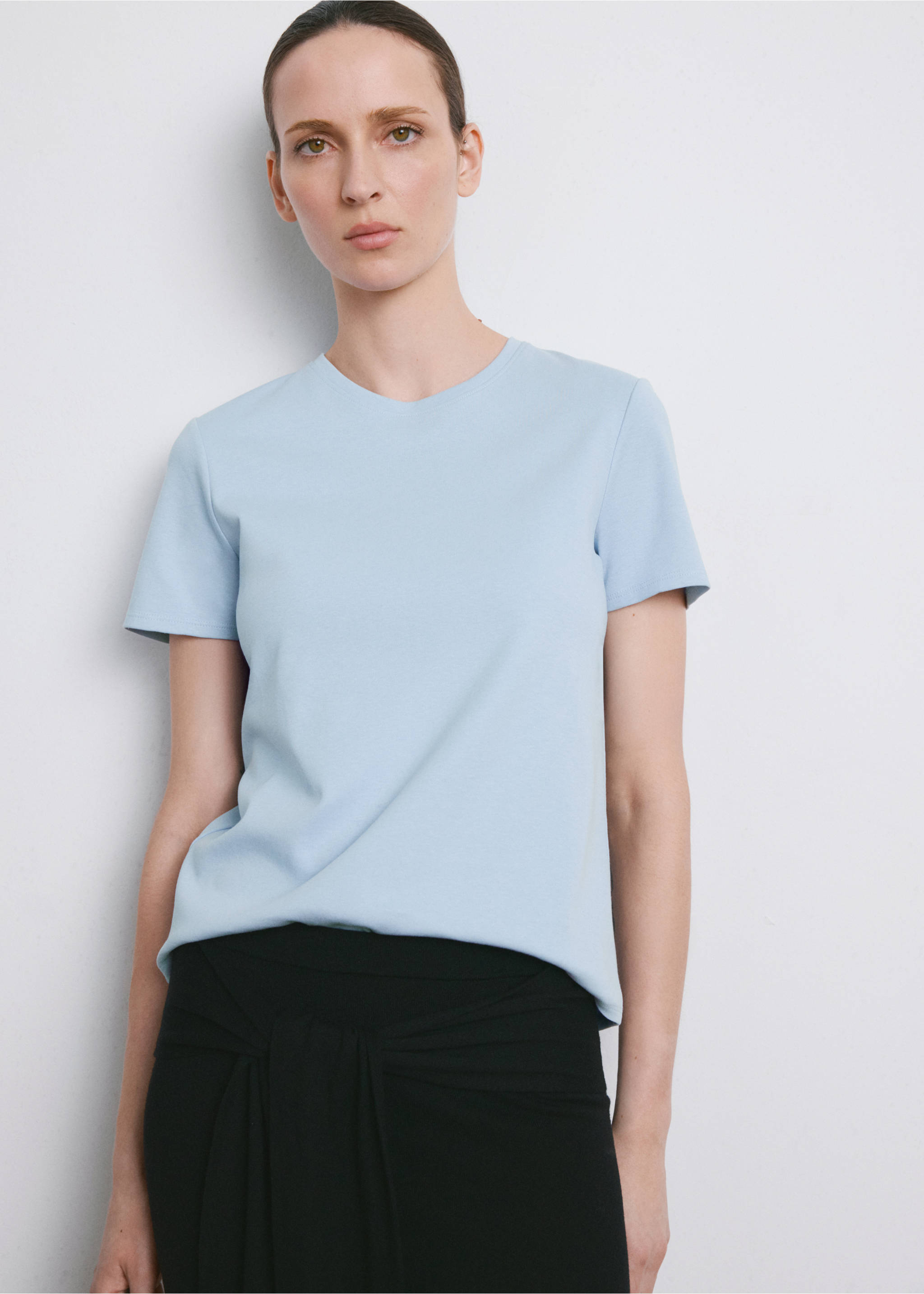 T-shirt coton manches courtes - Plan moyen, Bleu ciel. Ref: 27063312-00.