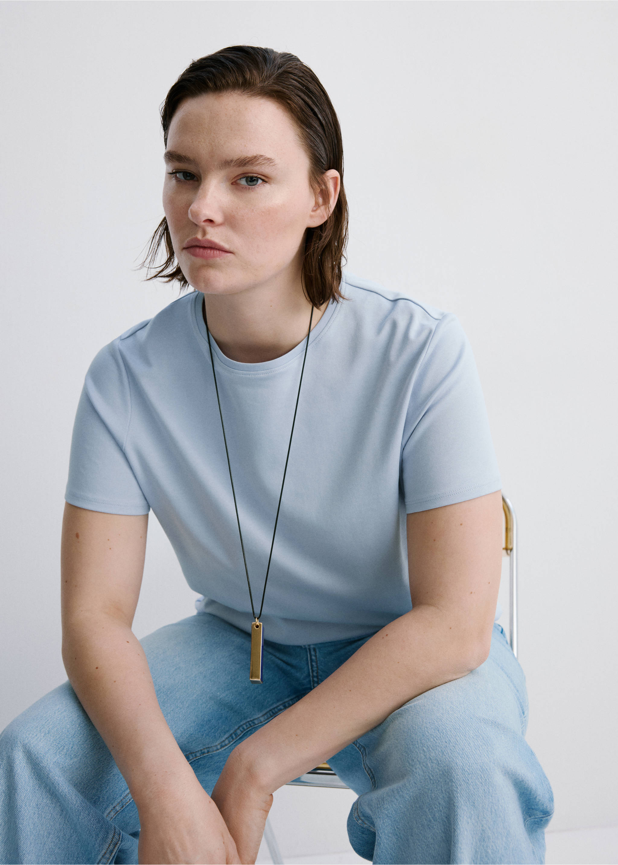 Short-sleeved cotton t-shirt - Details of the article 5, Sky Blue. Ref: 27063312-00.
