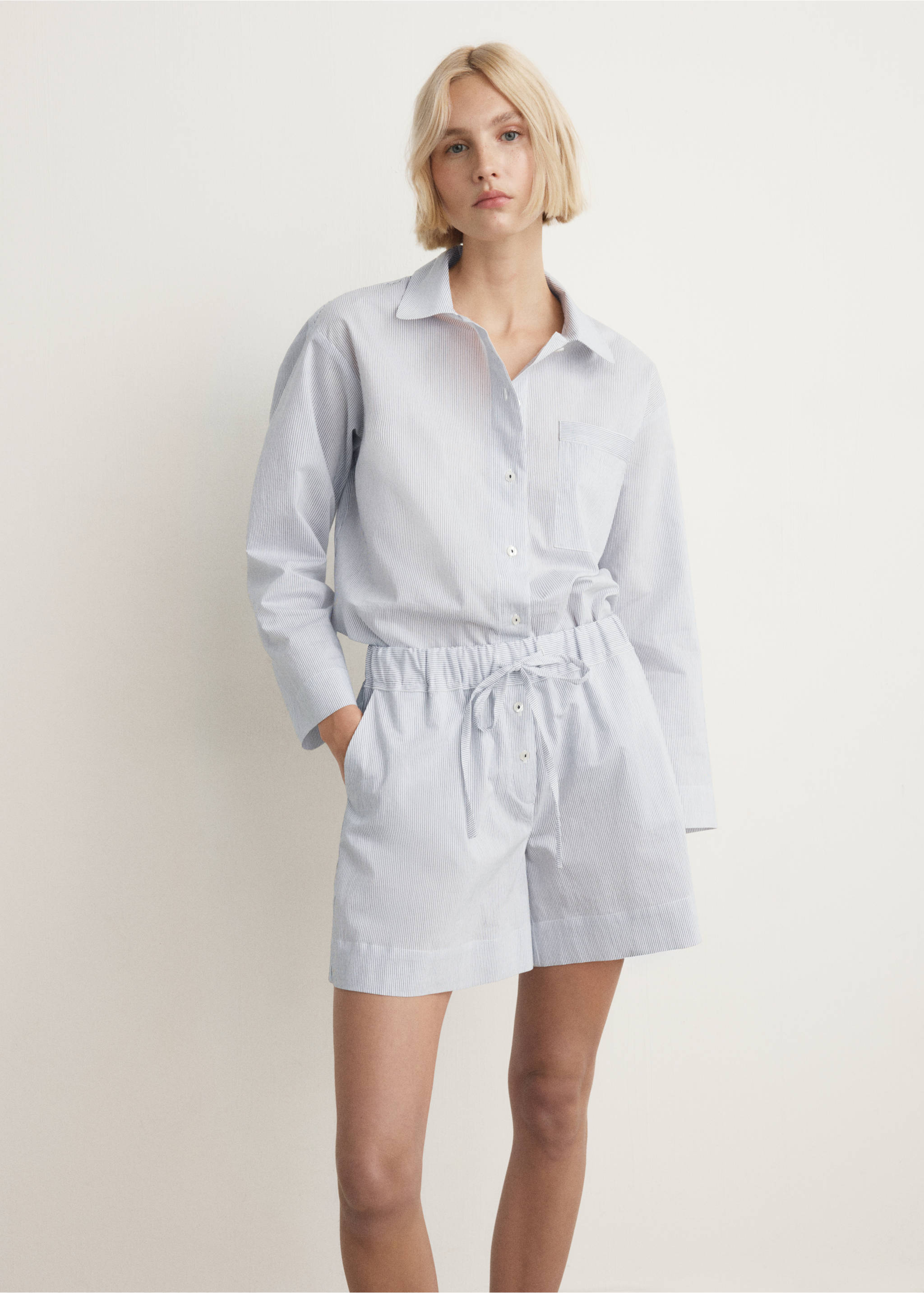 Cotton striped pyjama shorts - Details of the article 2, White. Ref: 27063322-00.