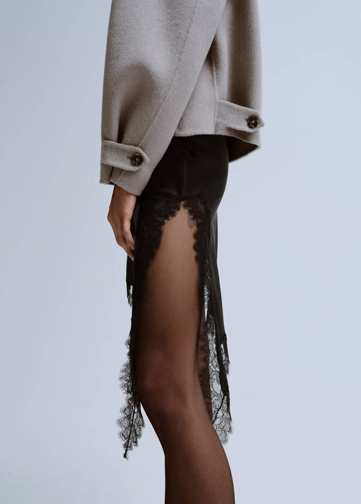 Satin asymmetric short skirt with lace — Black