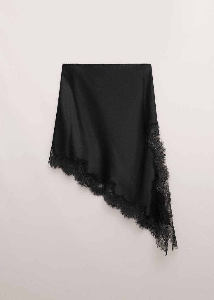 Satin asymmetric short skirt with lace — Black