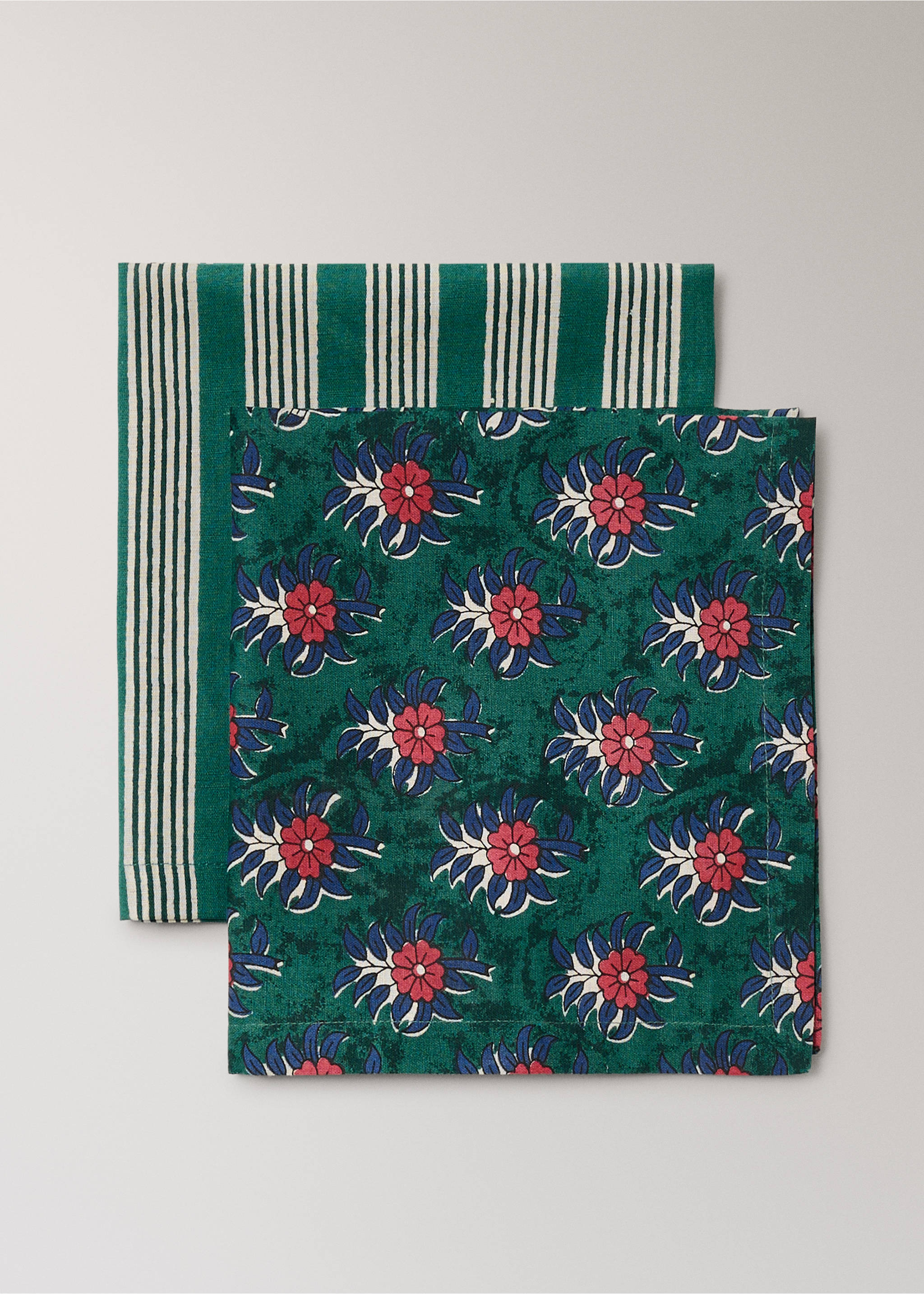 Striped floral cotton-linen napkins - Details of the article 1, Green. Ref: 27063344-00.