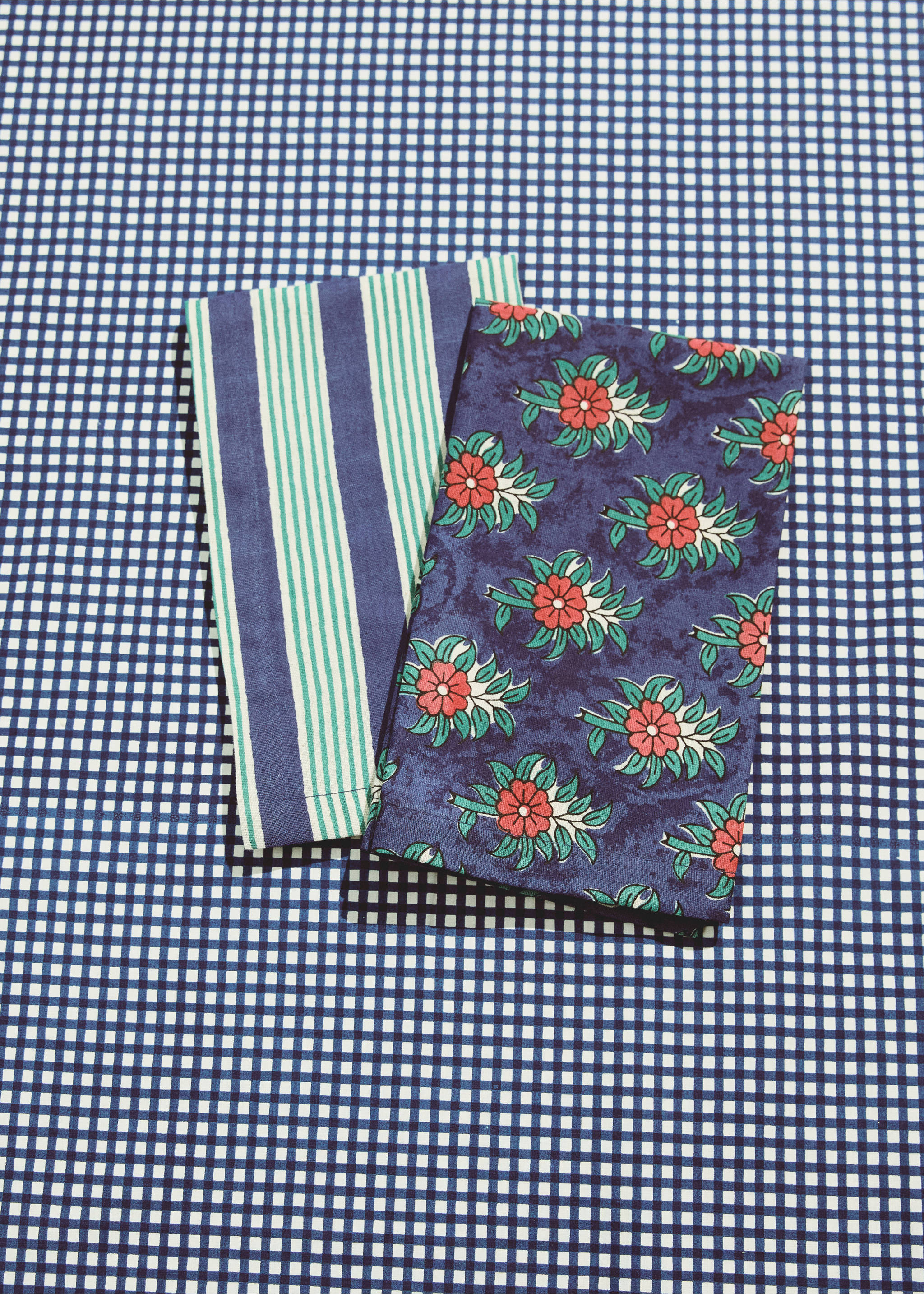Striped floral cotton-linen napkins - General plane, Blue. Ref: 27063344-00.