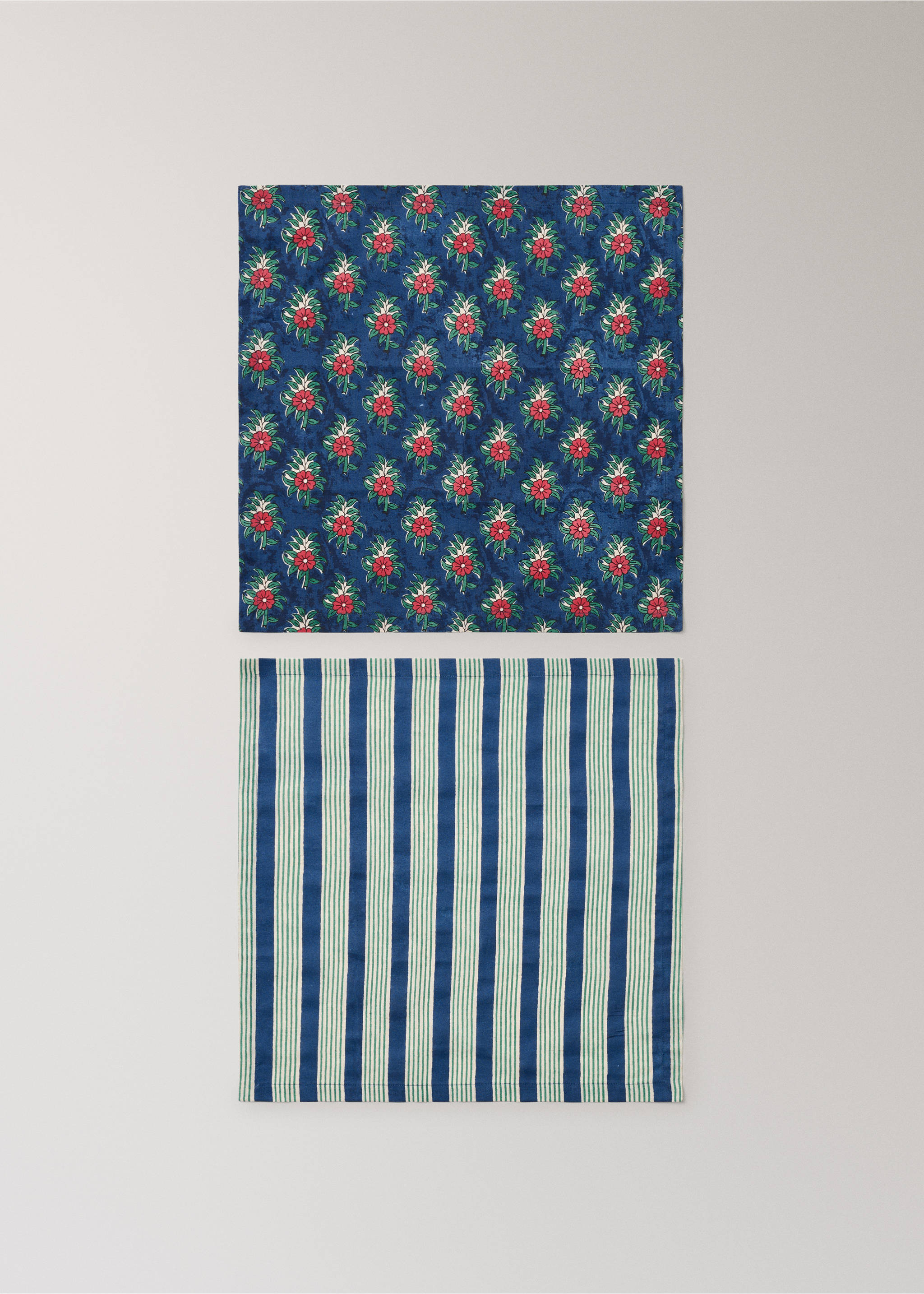 Striped floral cotton-linen napkins - Article without model, Blue. Ref: 27063344-00.