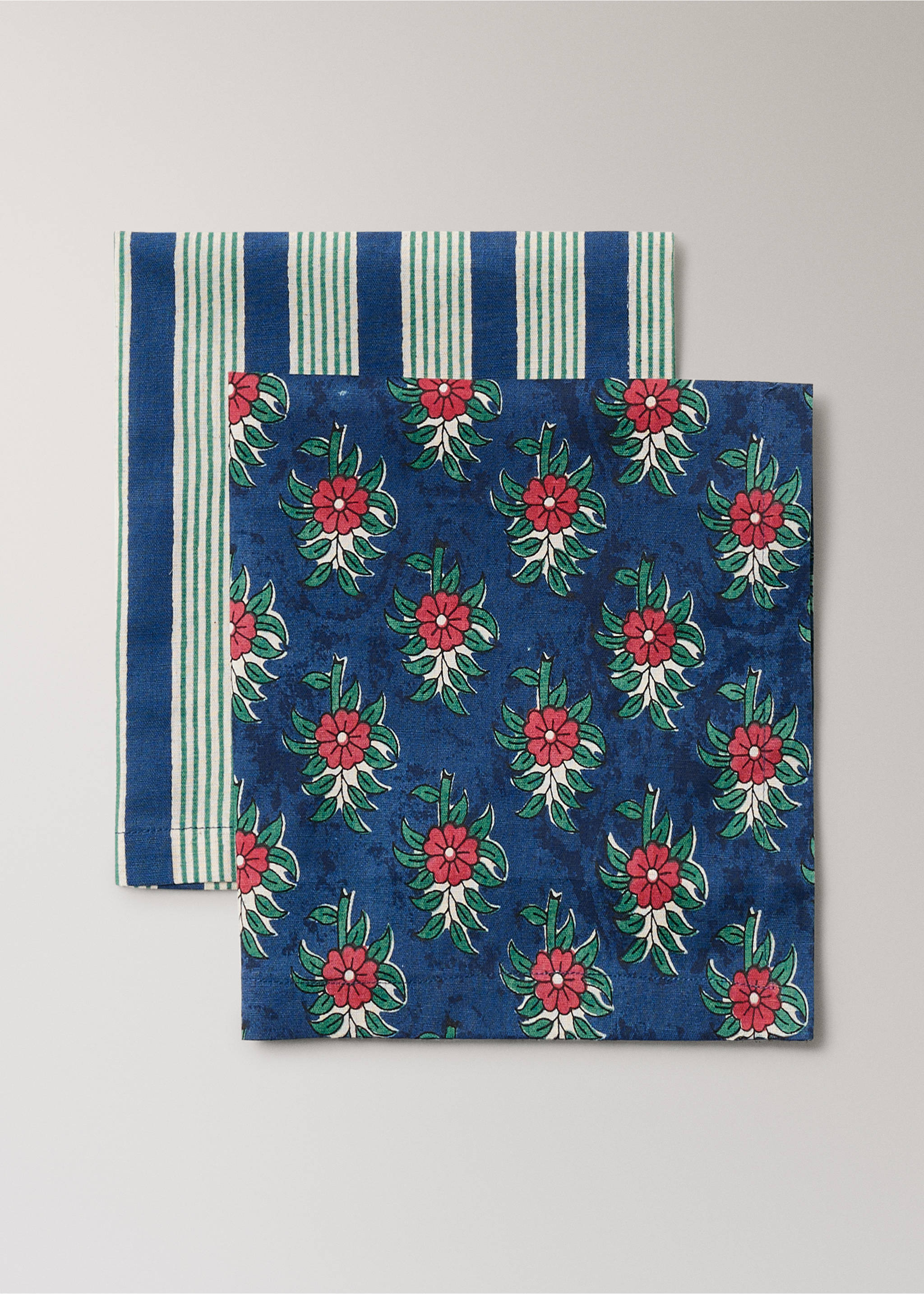Striped floral cotton-linen napkins - Details of the article 1, Blue. Ref: 27063344-00.