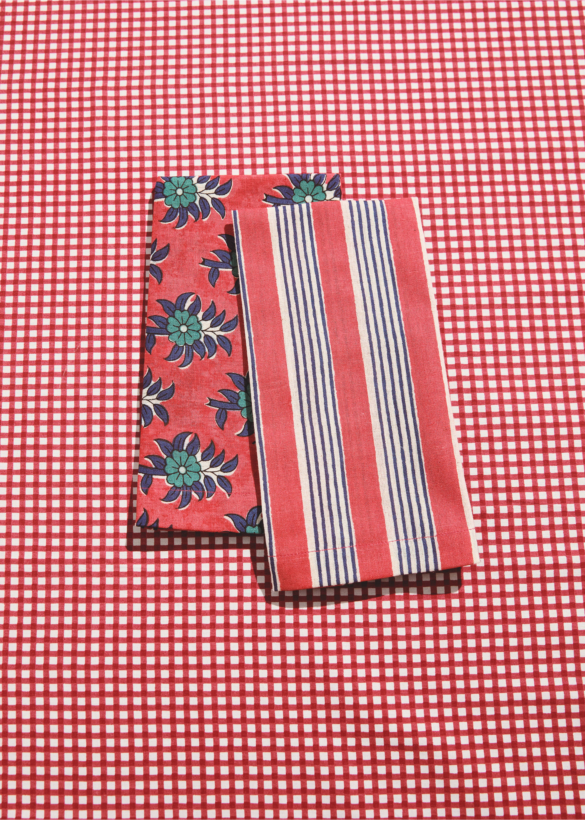 Striped floral cotton-linen napkins - General plane, Red. Ref: 27063344-00.