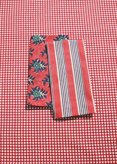 Cotton linen napkins with stripes and floral patterns — Red 1