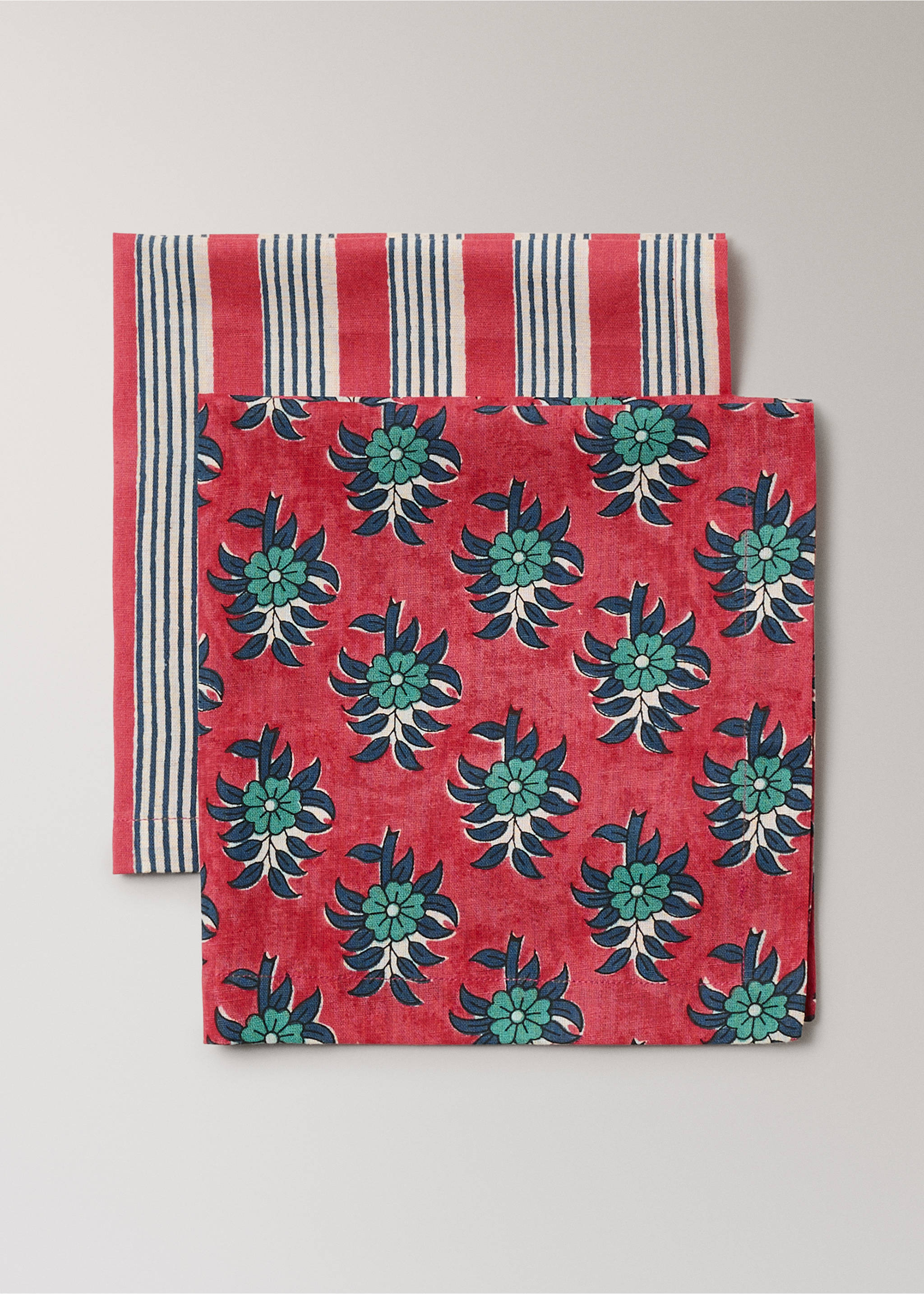 Striped floral cotton-linen napkins - Details of the article 1, Red. Ref: 27063344-00.