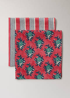 Cotton linen napkins with stripes and floral patterns — Red 2