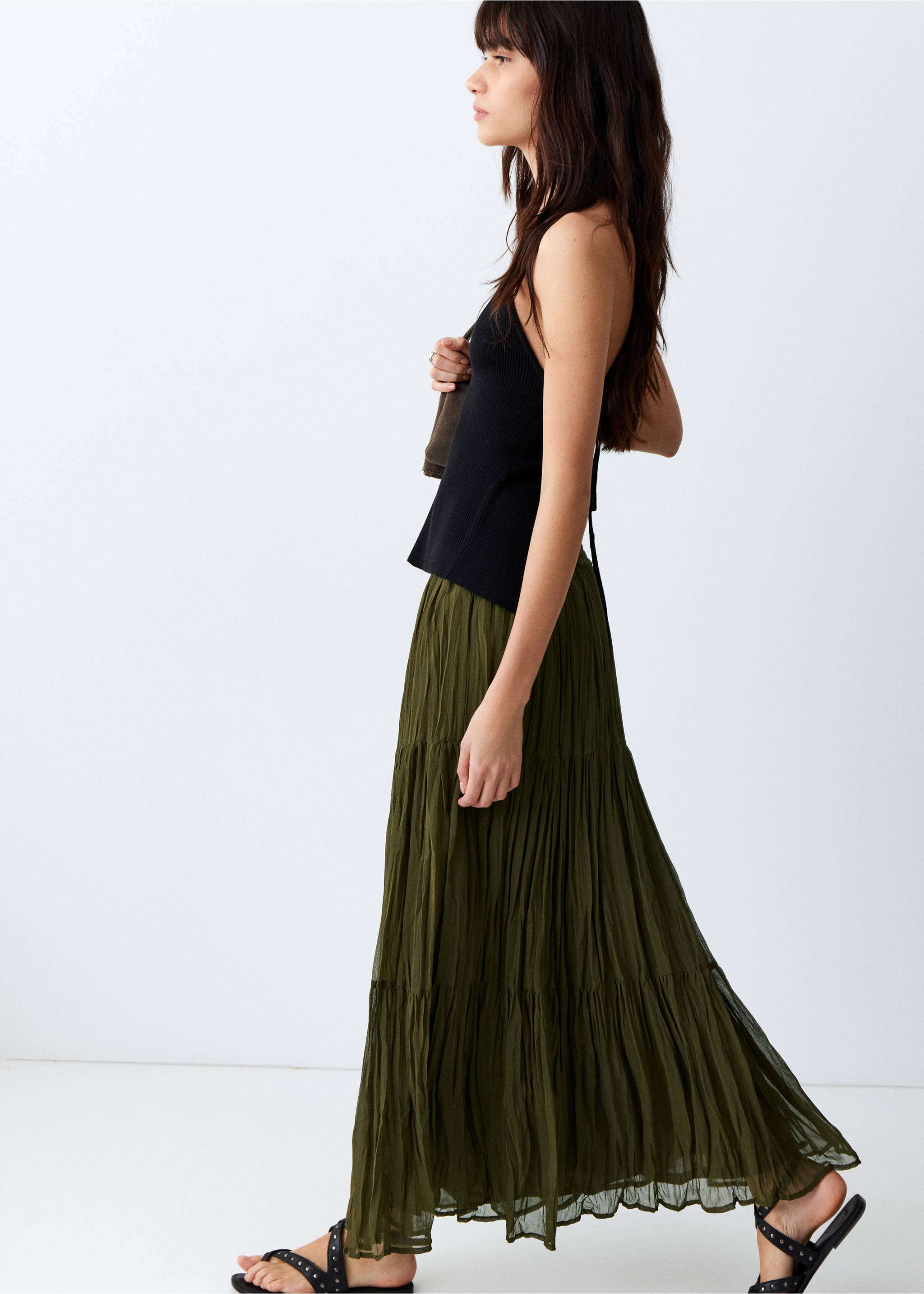 Длинная струящаяся юбка - Средний план, Хаки. Ref: 27063729-00.