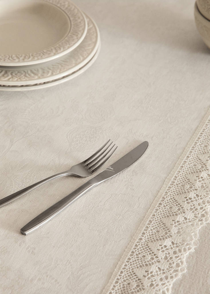 Jacquard linen lace floral table runner — Off White