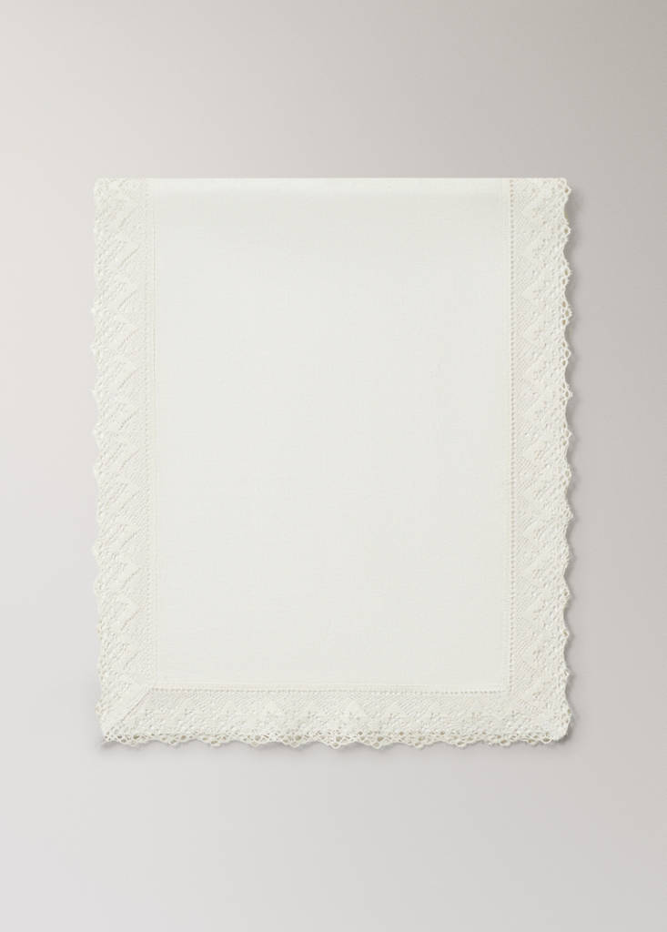 Jacquard linen lace floral table runner — Off White