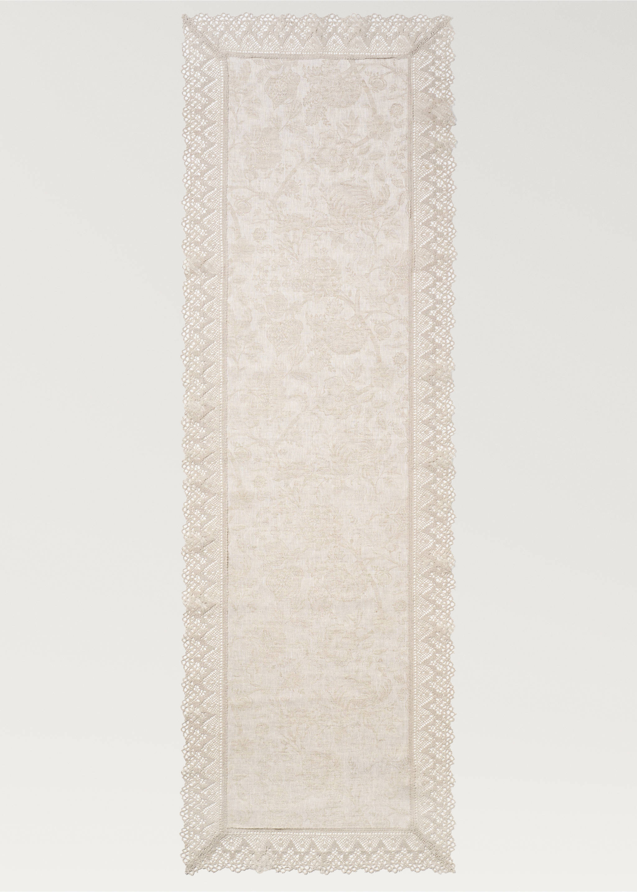 Jacquard linen lace floral table runner - Details of the article 2, Sand. Ref: 27063742-00.