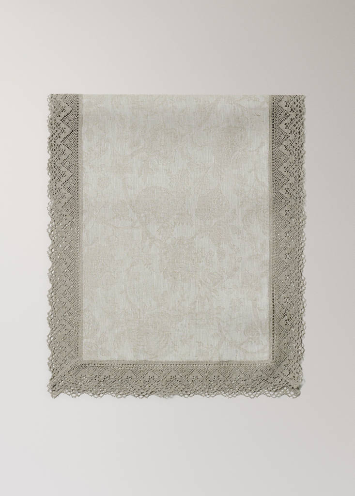 Jacquard linen lace floral table runner — Sand